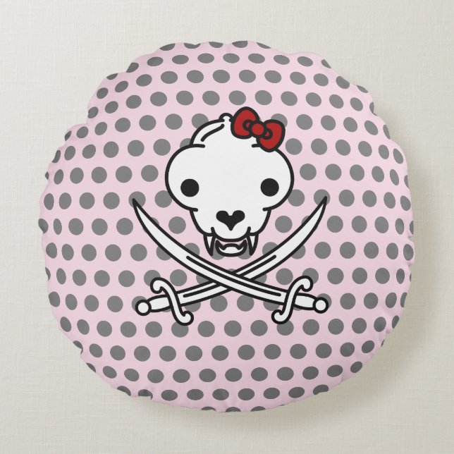 Funny Black White Jolly Kitty Pirate Skull Bones Round Cushion (Front)