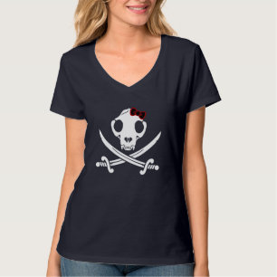 Funny Black White Jolly Kitty Pirate Skull Bones T-Shirt