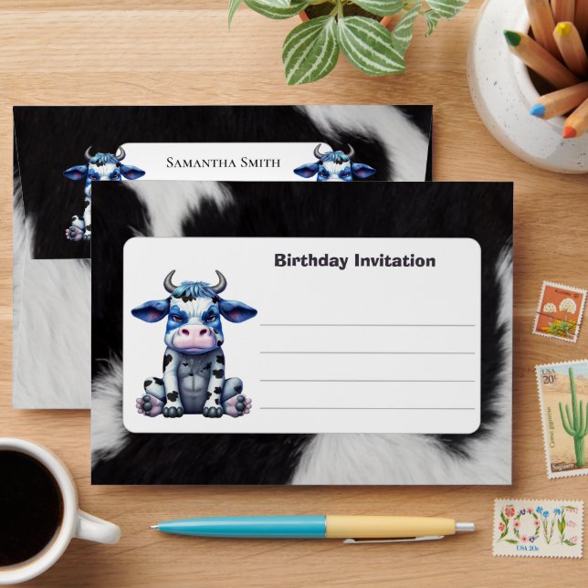 FUNNY Black White Modern Cow birthday Envelope (Desk)