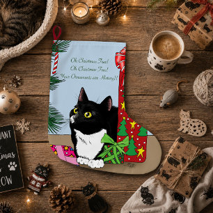 Funny Black  White Tuxedo Cat Christmas Tree Large Christmas Stocking