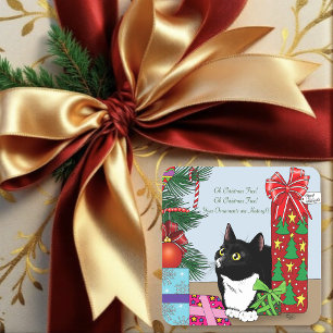 Funny Black  White Tuxedo Cat Christmas Tree Square Sticker