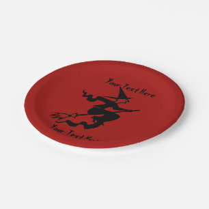 funny black witch on flying broomstick halloween paper plate
