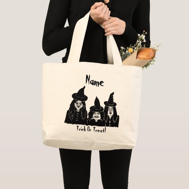 funny black witches spooky scary trick or treat large tote bag (Front (Product))