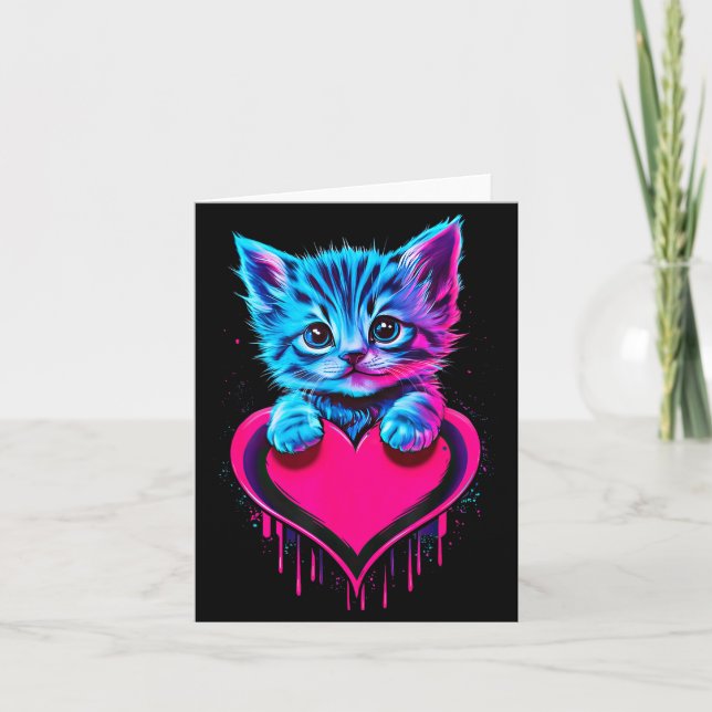 Funny Blacklight Glitch Art Cute Cat Kitten Valent Card (Front)