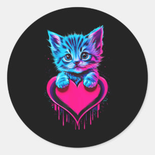Funny Blacklight Glitch Art Cute Cat Kitten Valent Classic Round Sticker