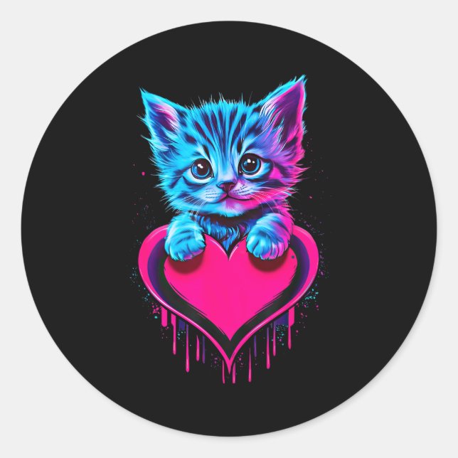 Funny Blacklight Glitch Art Cute Cat Kitten Valent Classic Round Sticker (Front)