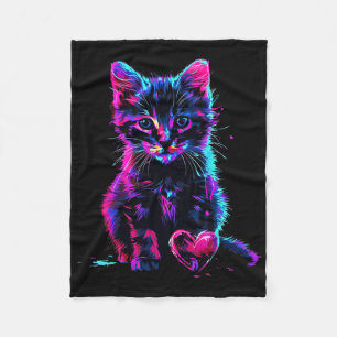 Funny Blacklight Glitch Art Cute Cat Kitten Valent Fleece Blanket