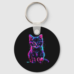 Funny Blacklight Glitch Art Cute Cat Kitten Valent Key Ring