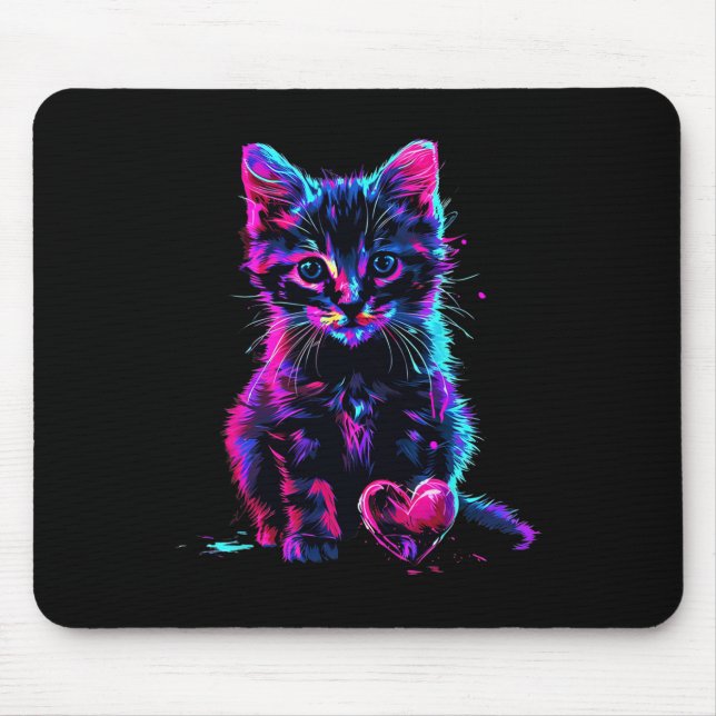 Funny Blacklight Glitch Art Cute Cat Kitten Valent Mouse Mat (Front)