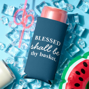 Funny "Blessed Shall Be Thy Basket" Blue & White  Seltzer Can Cooler