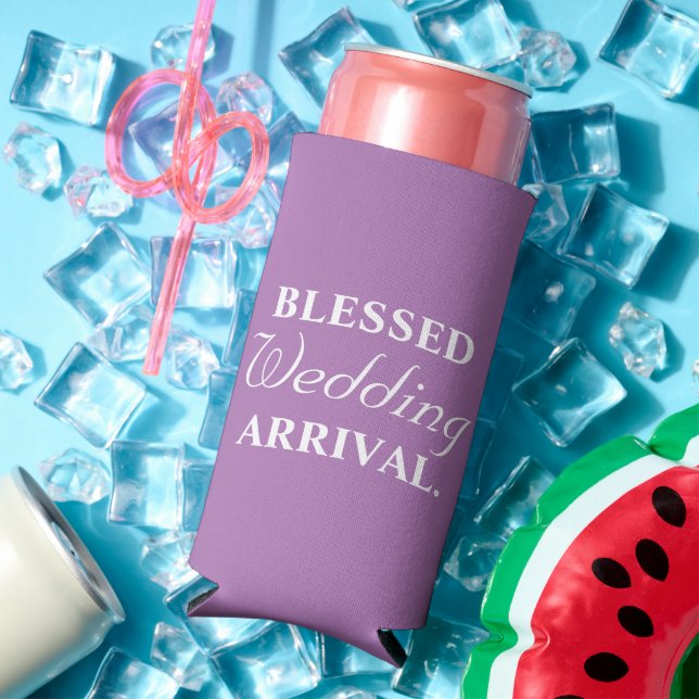 Funny "Blessed Wedding Arrival" Lavender & White  Seltzer Can Cooler (In Situ Summer)