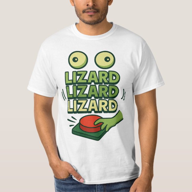 Funny Blinking Green Lizard pressing Button Sound T-Shirt (Front)