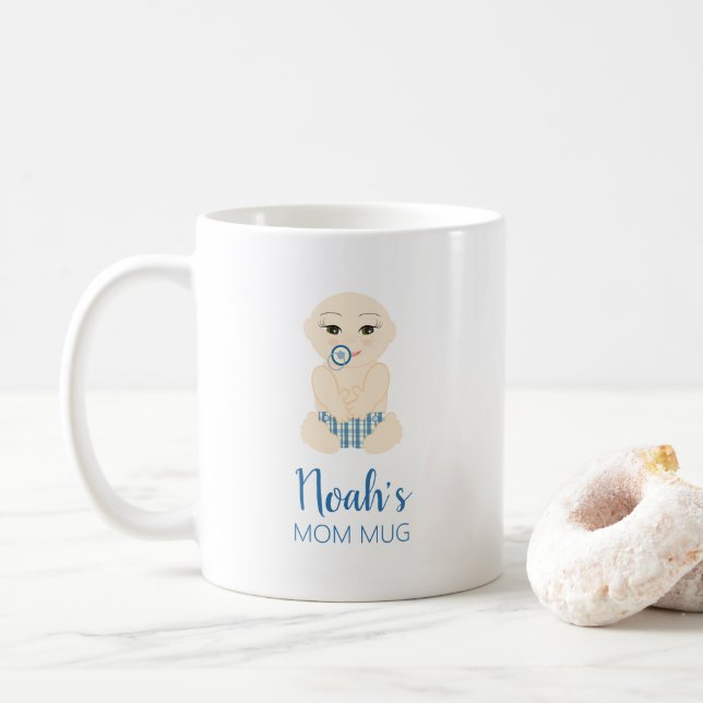 Funny Blue Baby Boy Newborn Illustration Coffee Mug (With Donut)