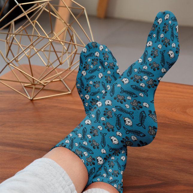 Funny Blue Black and White Cats Drawing Socks (Creator Uploaded)