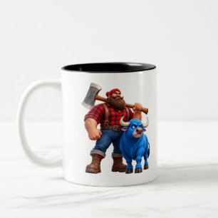 Funny Blue Bull and Lumberjack 3D Cartoon Design Two-Tone Coffee Mug