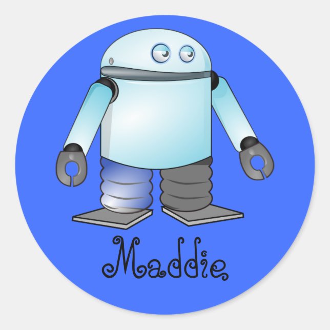 Funny Blue Cartoon Robot Classic Round Sticker (Front)