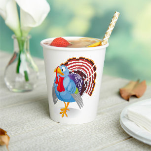 Funny Blue Cartoon Turkey with Patriotic Feathers  Paper Cups