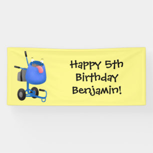 Funny blue cement mixer cartoon illustration banner