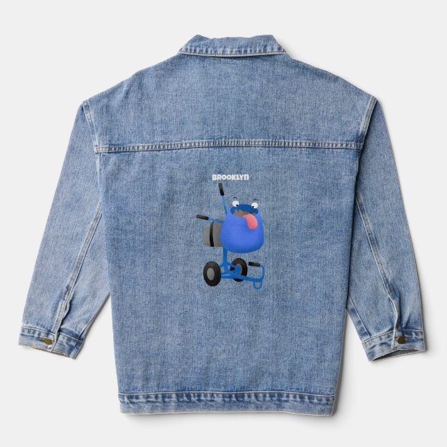Funny blue cement mixer cartoon illustration denim jacket (Back)