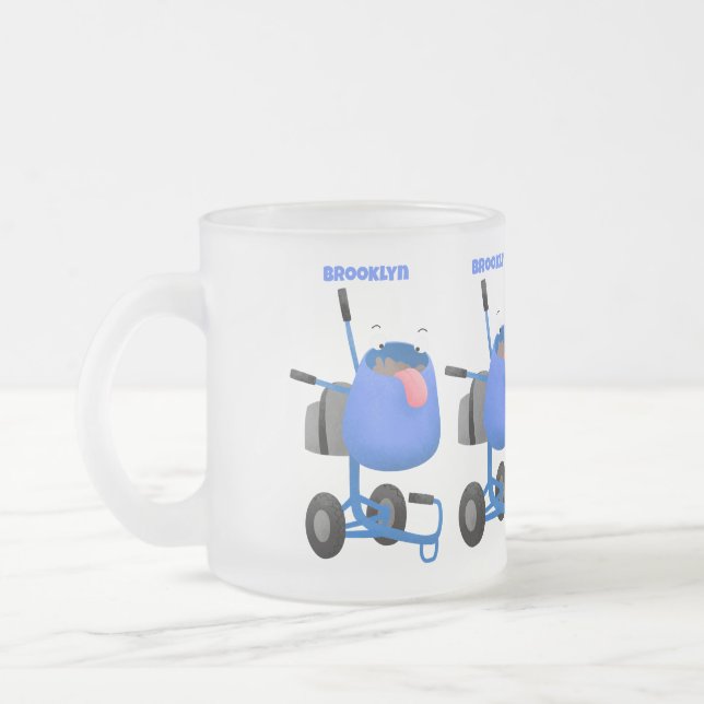 Funny blue cement mixer cartoon illustration frosted glass coffee mug (Left)