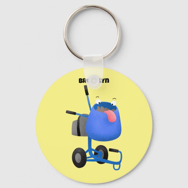 Funny blue cement mixer cartoon illustration key ring (Front)