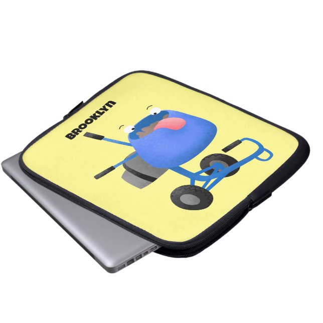 Funny blue cement mixer cartoon illustration laptop sleeve (Front Bottom)