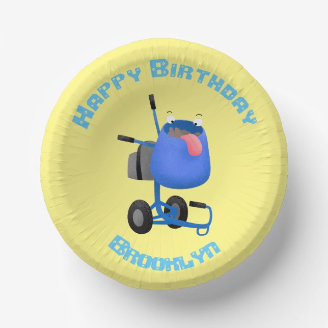 Funny blue cement mixer cartoon illustration paper plate (Front)