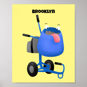 Funny blue cement mixer cartoon illustration  poster