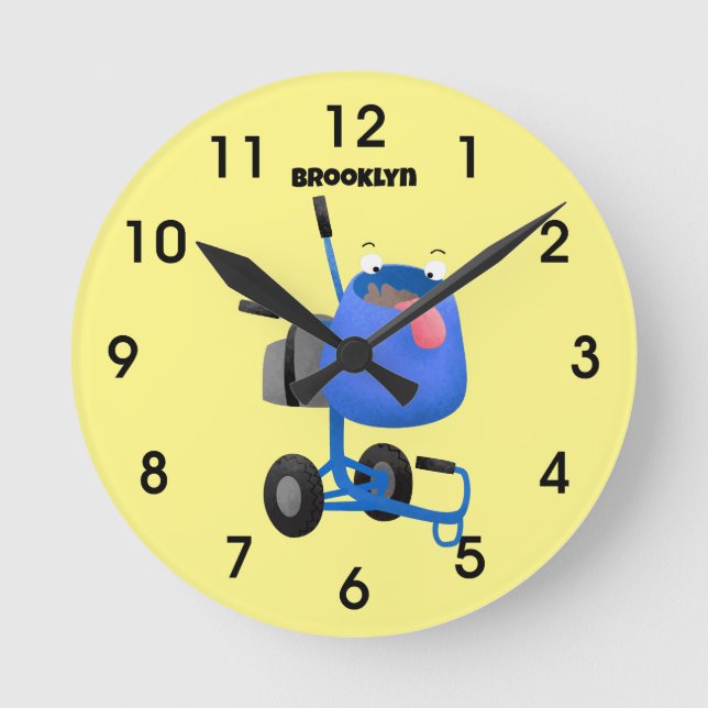 Funny blue cement mixer cartoon illustration round clock (Front)