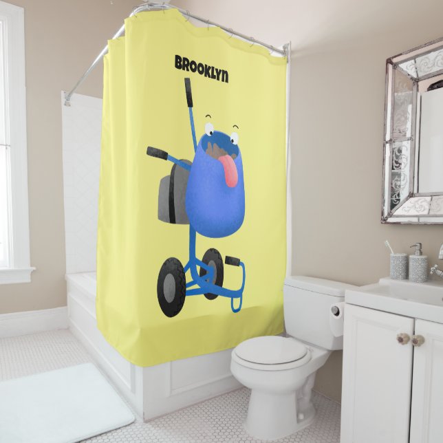 Funny blue cement mixer cartoon illustration shower curtain (In Situ)