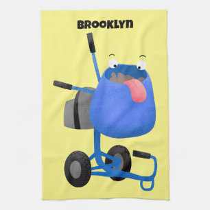 Funny blue cement mixer cartoon illustration tea towel