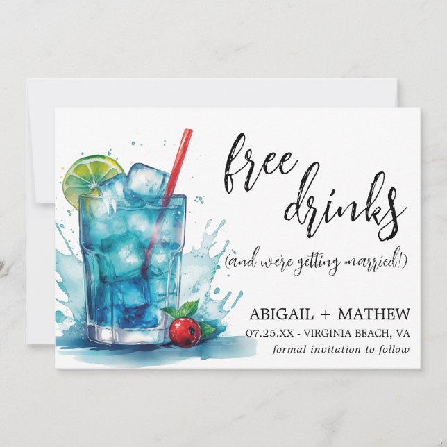 Funny Blue Cherry Cocktail Trendy Photo Wedding Save The Date (Front)