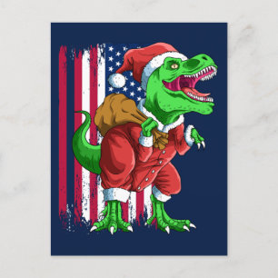 Funny Blue Christmas Santa TRex Tyrannosaurus Xmas Holiday Postcard
