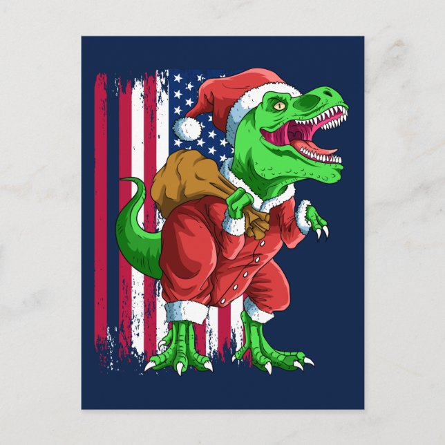 Funny Blue Christmas Santa TRex Tyrannosaurus Xmas Holiday Postcard (Front)