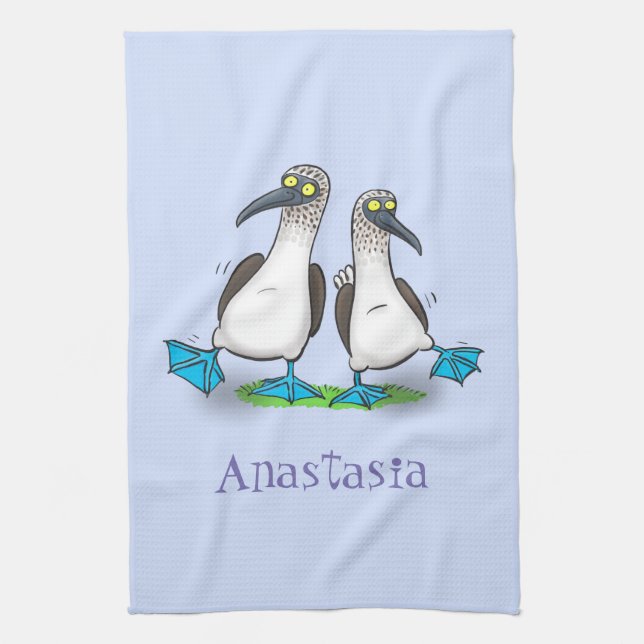 Funny blue footed boobies cartoon illustration tea towel (Vertical)
