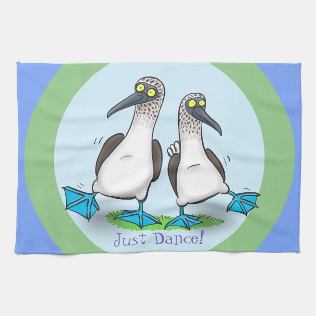 Funny blue footed boobies seabird dancing cartoon tea towel (Horizontal)