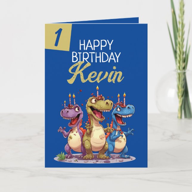 Funny Blue & Green Candle Trex Boy 1st Birthday Card (Front)