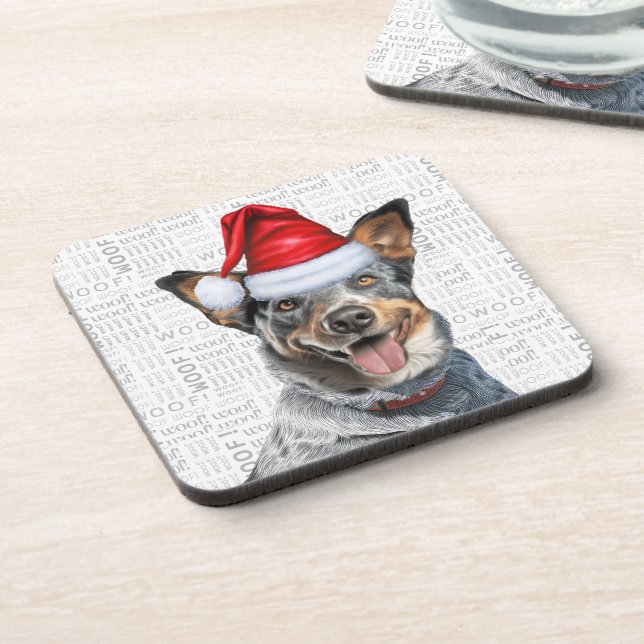 Funny Blue Heeler Dog Woof Word Art Holiday Coaster (Left Side)