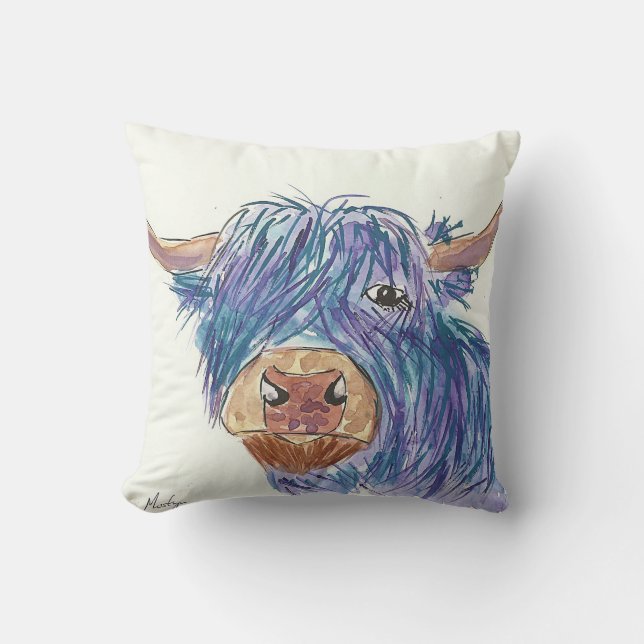 Funny Blue Highland Cow Cushion (Front)