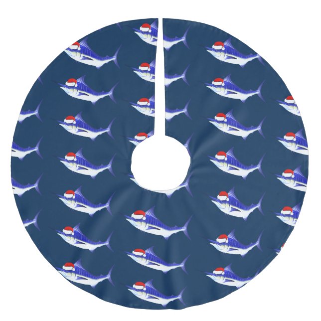 Funny Blue Marlin Santa Claus Brushed Polyester Tree Skirt (Front)