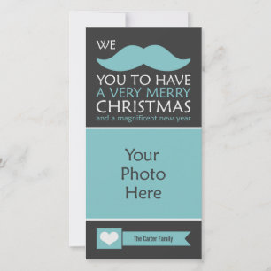 Funny Blue Moustache Christmas Photo Holiday Card