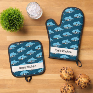 funny blue shark (name) oven mitt & pot holder set