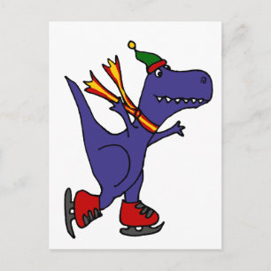 Funny Blue T-Rex Dinosaur Ice Skating Art Postcard