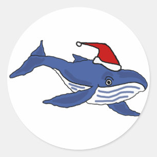 Funny Blue Whale in Santa hat Christmas Art Classic Round Sticker