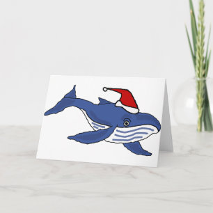 Funny Blue Whale in Santa hat Christmas Art Holiday Card