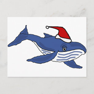 Funny Blue Whale in Santa hat Christmas Art Holiday Postcard