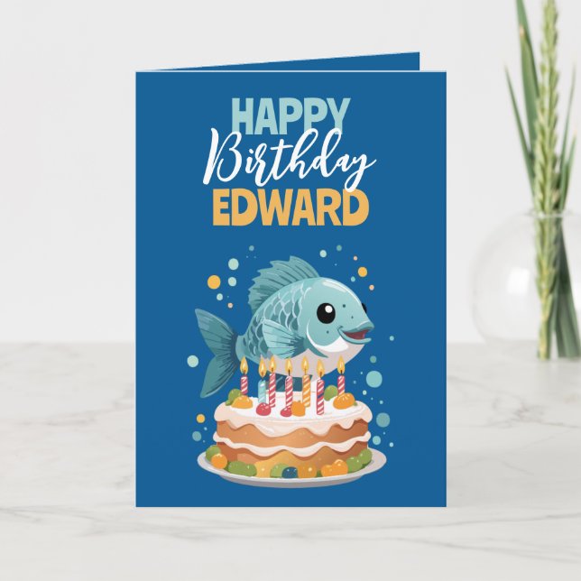 Funny Blue & Yellow Boyfriend Fishing Birthday Card (Front)