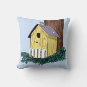 Funny Bluebird on Birdhouse Cushion