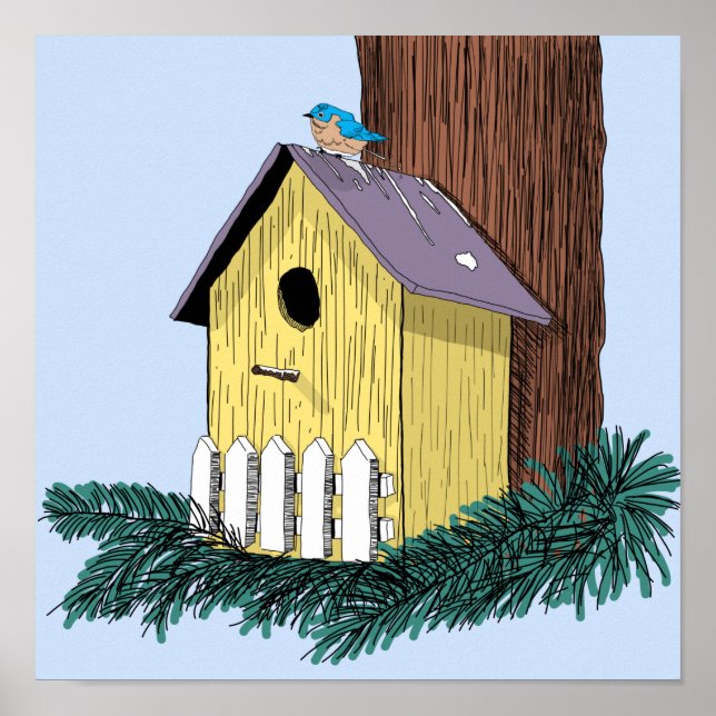 Funny Bluebird on Birdhouse Poster (Front)