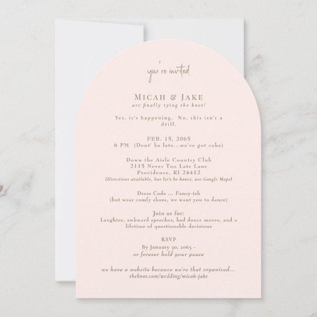 Funny Blush & Gold Unusual Wedding Invitation (Front)